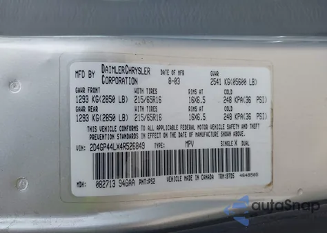 2004 Dodge Grand Caravan Sxt from USA, damaged, VIN 2D4GP44LX4R526849